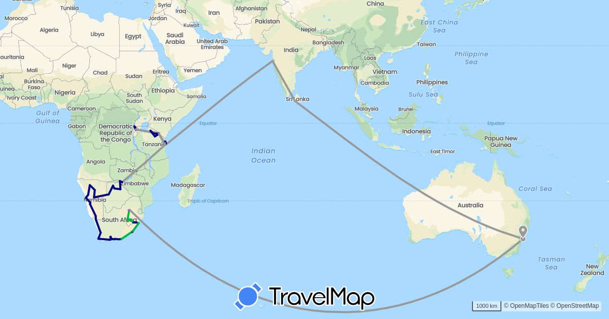 TravelMap itinerary: driving, bus, plane, train, hiking, hitchhiking in Australia, Botswana, India, Sri Lanka, Lesotho, Namibia, Rwanda, Tanzania, Uganda, South Africa, Zimbabwe (Africa, Asia, Oceania)